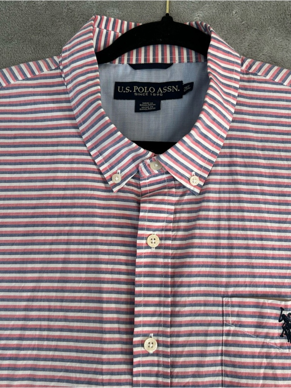 U.S. Polo Assn Red Blue Striped Short Sleeve Button Down Mens 2XL Preppy Coastal